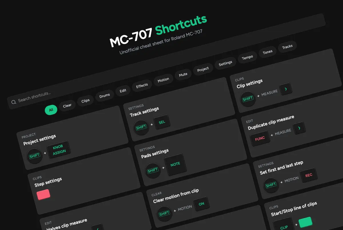 Screenshot of Roland MC-707 shortcuts interactive list